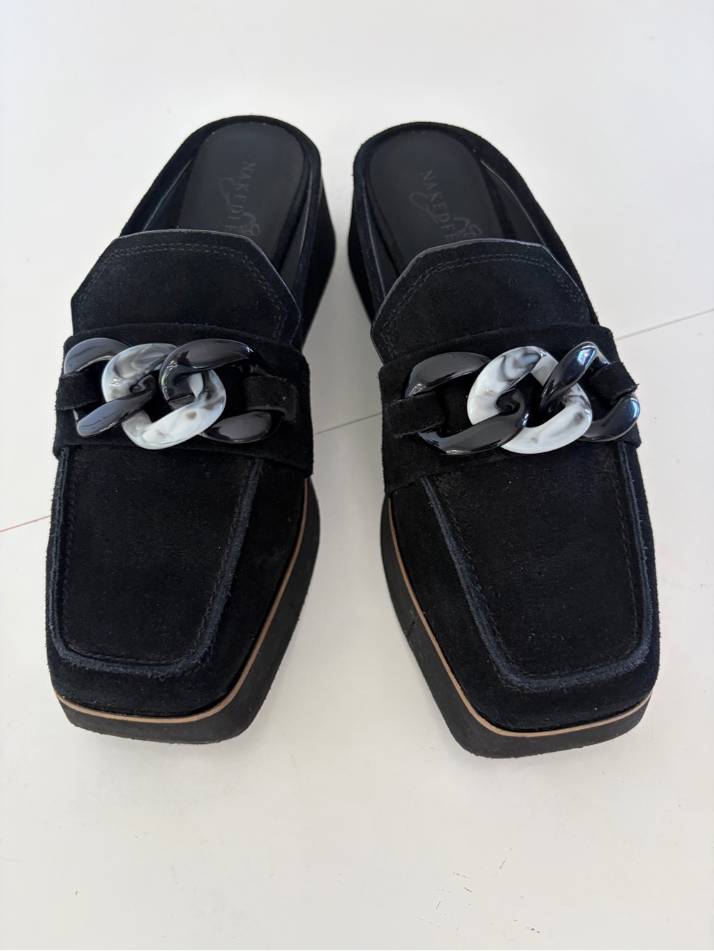 Naked Feet Elect In Black Suede Square Toe Platform Mules With Plastic Chain